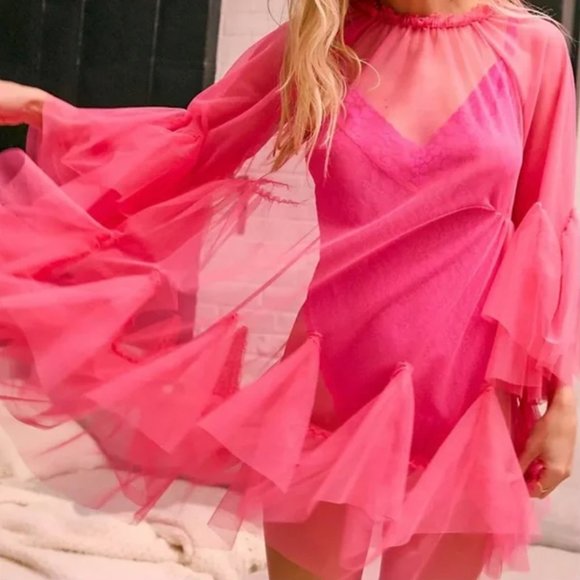 Anthropologie Maeve Bright Pink Tulle Mini Dress - Picture 7 of 8